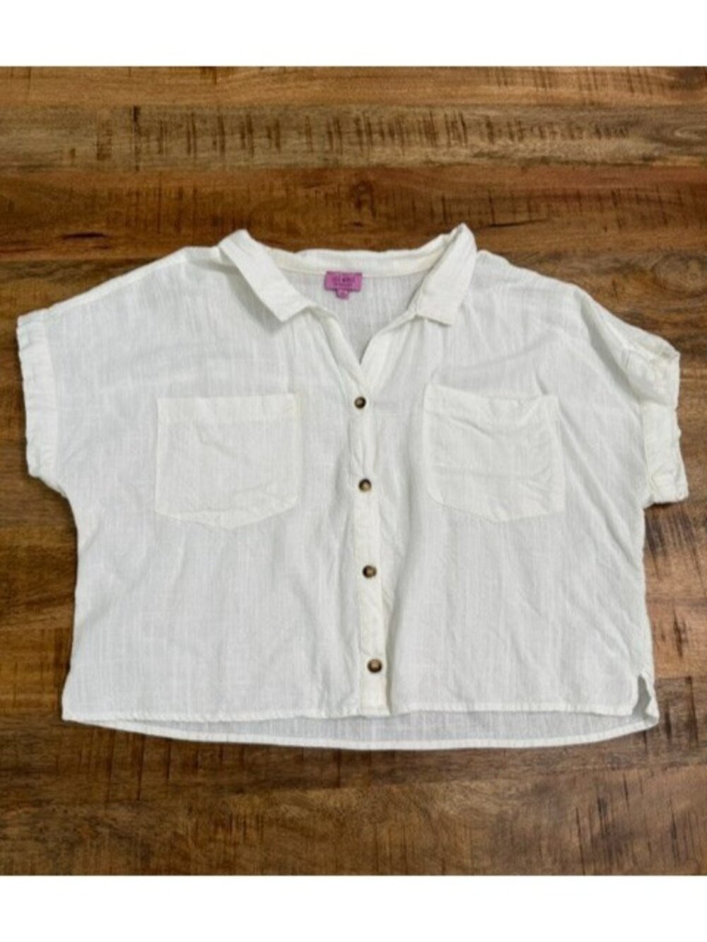 Mi Ami For Francescas XL Shirt White Linen Viscose Button Down Collar Crop Boxy